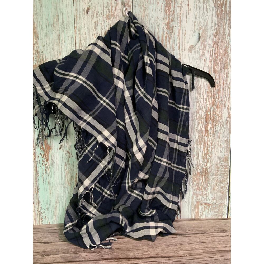 Eddie Bauer Navy Plaid Cotton Scarf Lightweight Fringe Wrap Gorpcore Preppy